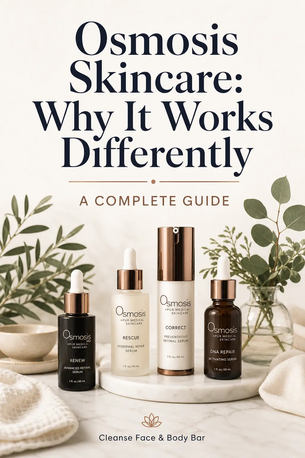 Osmosis skincare serums and dropper bottles on marble surface with greenery