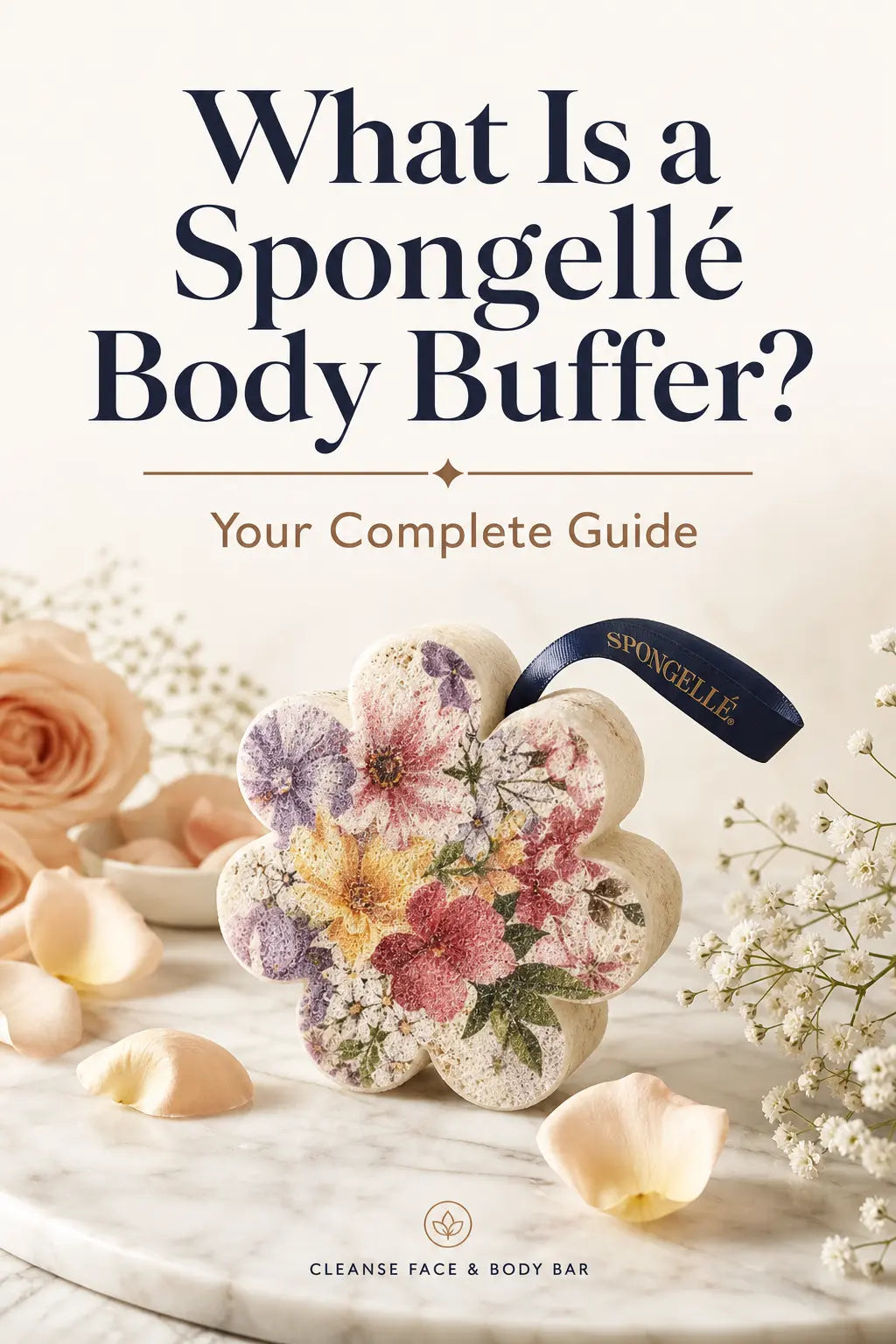 Colorful Spongellé body buffer on marble surface with flower petals