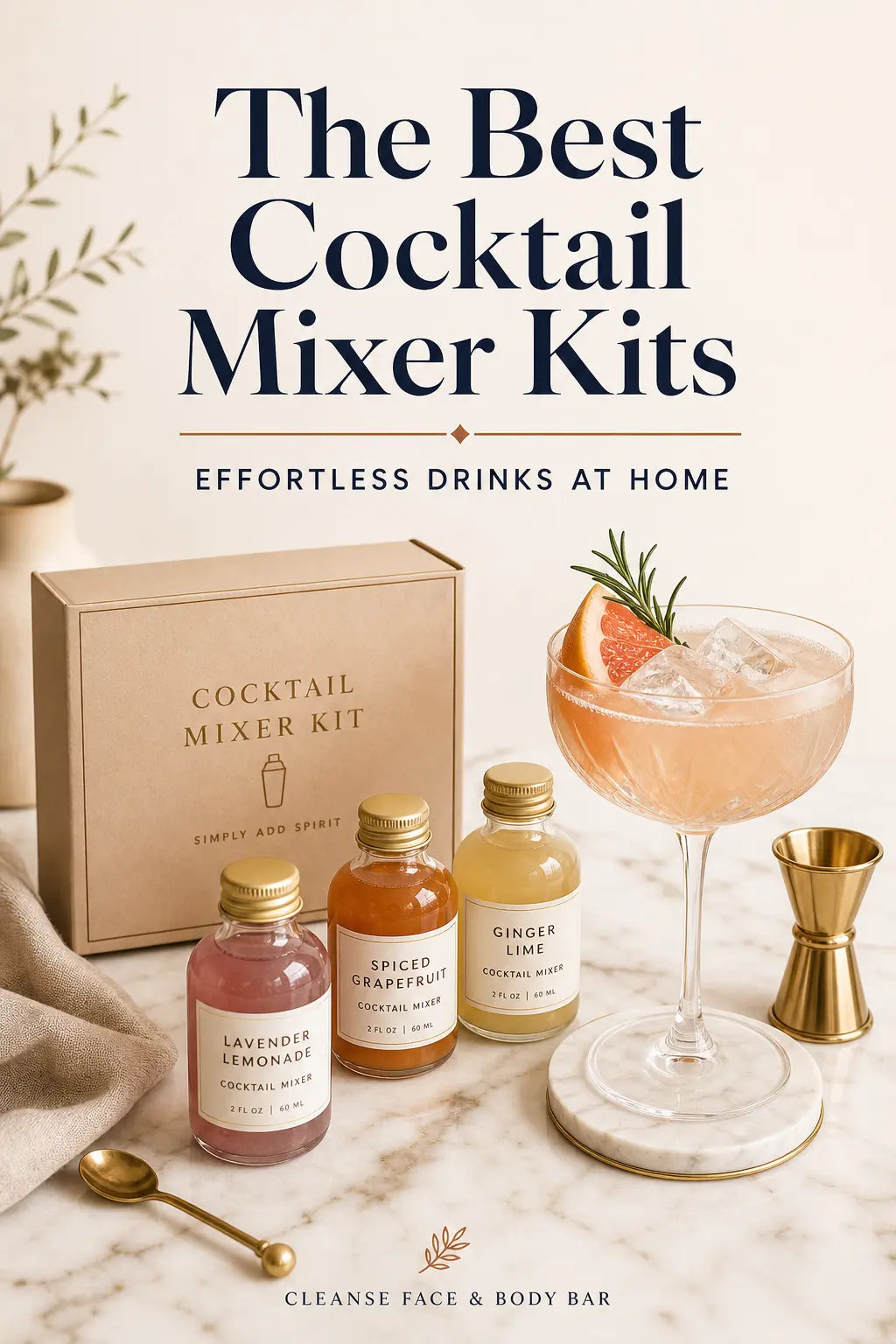 Teaspressa cocktail mixer kit bottles and cocktail glass on marble surface