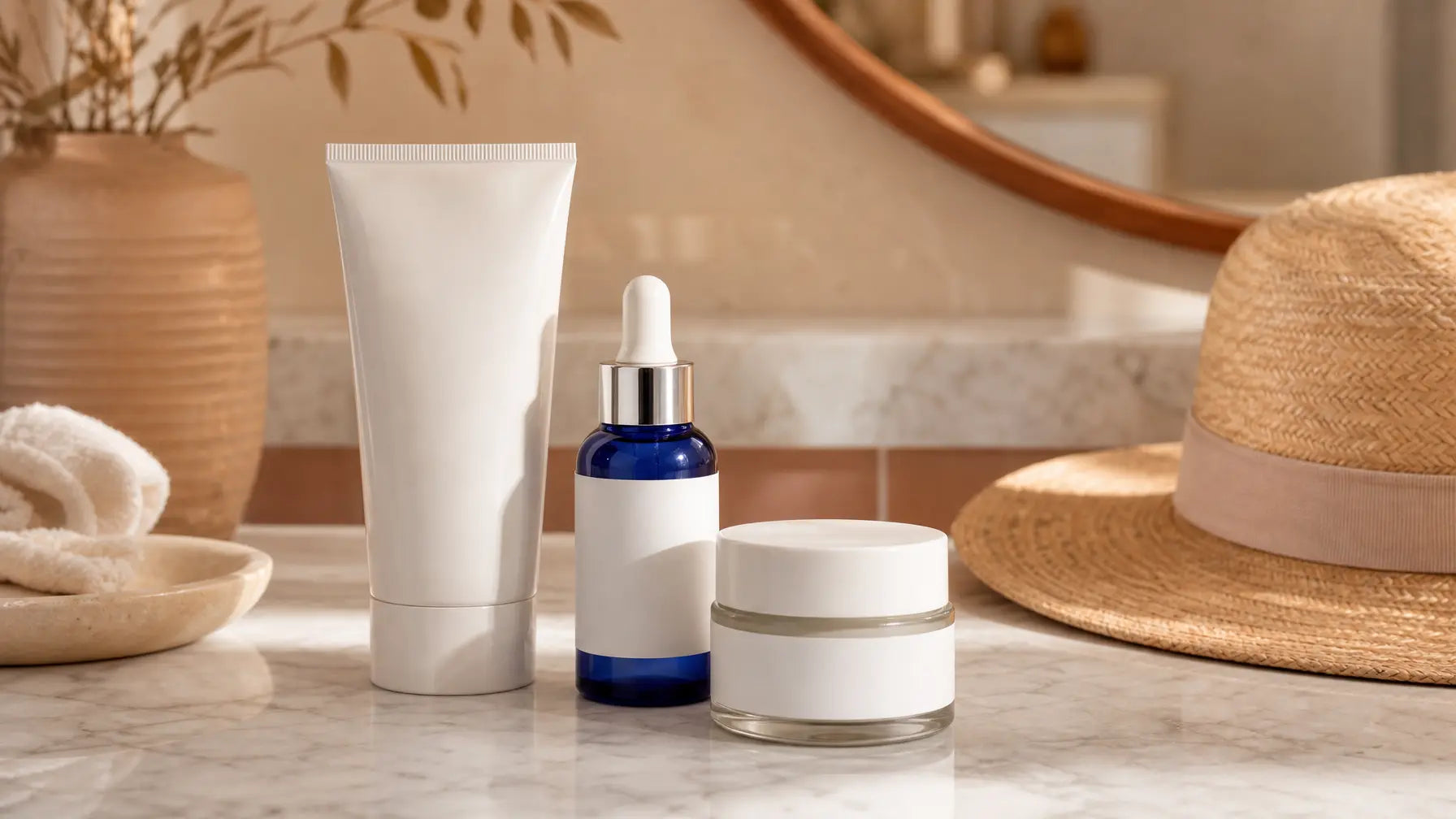 Summer skincare products and sun hat on marble vanity for Arizona heat protection routine