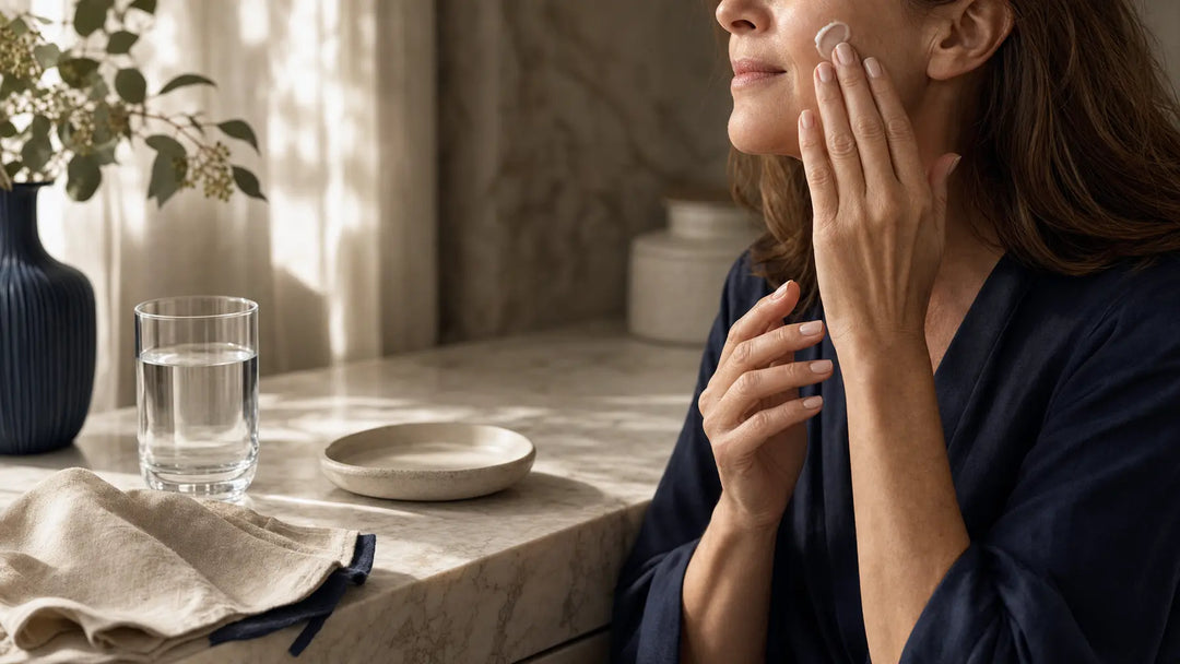 Applying cream at a marble vanity, skincare for perimenopause guide from Cleanse Face & Body Bar