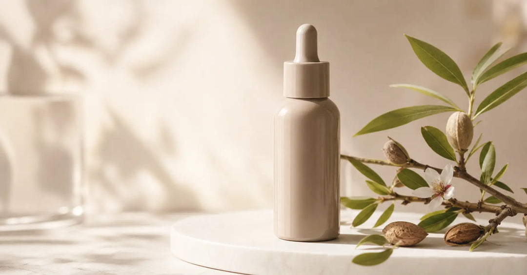 Mandelic acid serum with dropper on clean skincare flat lay