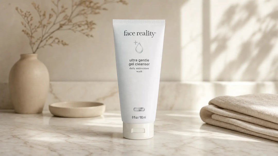 Face Reality Ultra Gentle Gel Cleanser bottle on cream marble, Cleanse Face & Body Bar