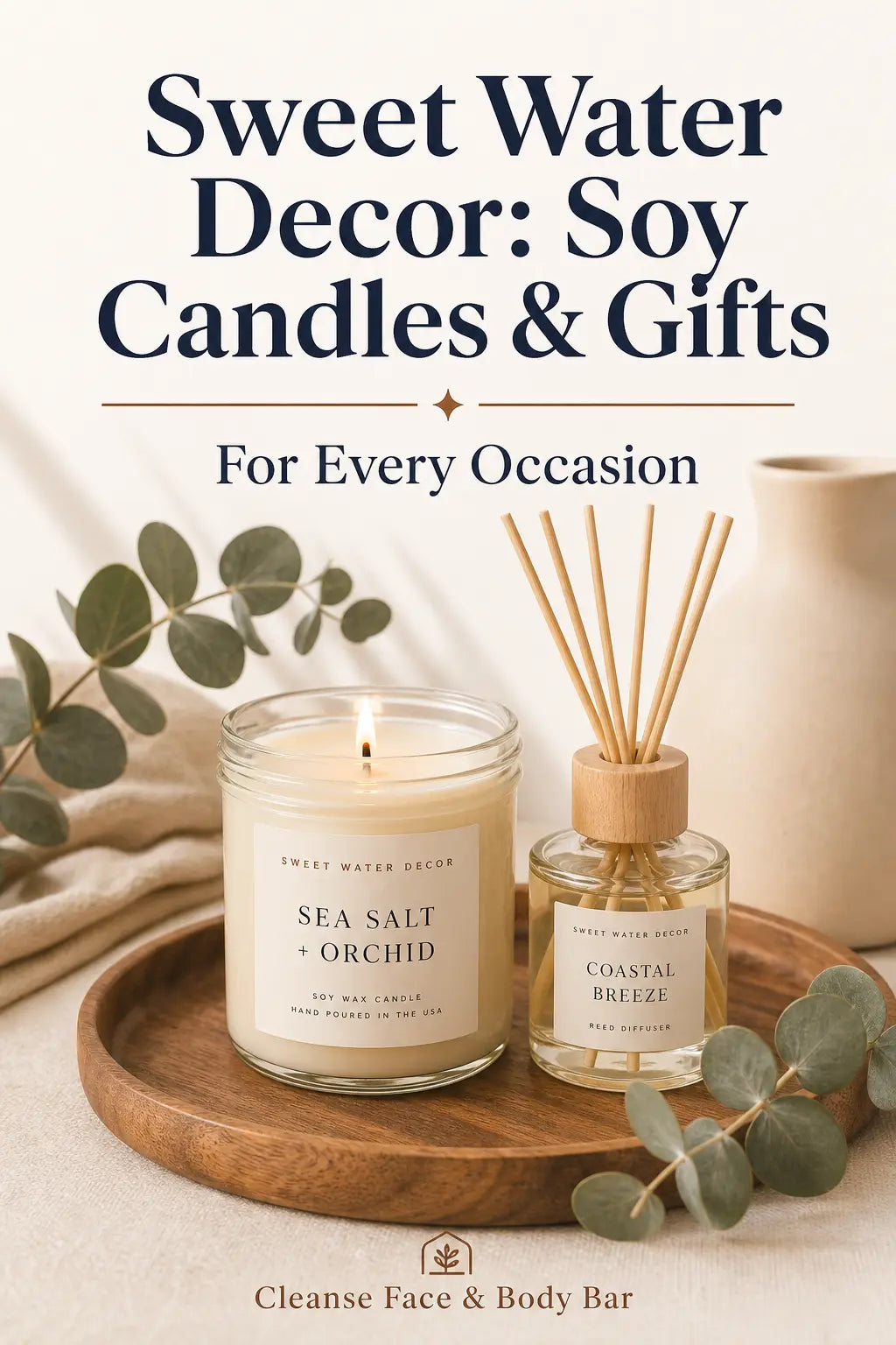 Sweet Water Decor soy candle and reed diffuser on wooden tray with eucalyptus