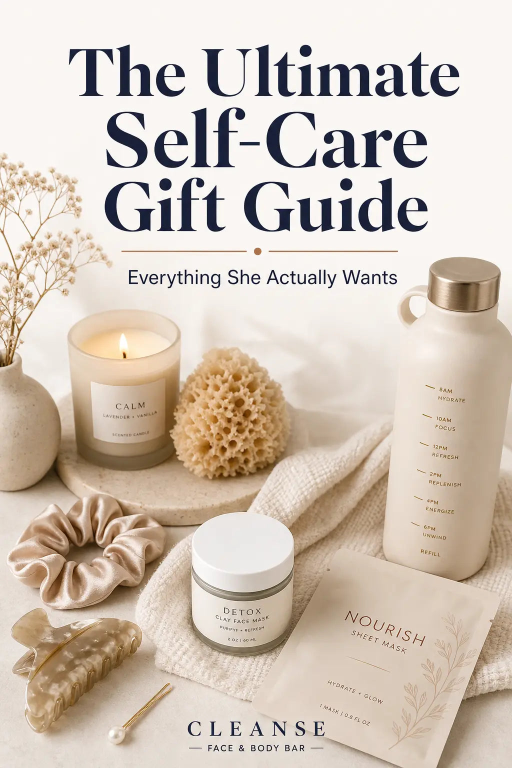 Self-care gift guide featuring candles, bath sponge, face mask and hair accessories
