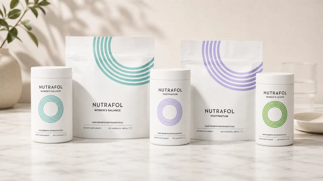 Nutrafol Women's Balance, Postpartum, and Vegan Growth Pack supplements