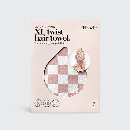 Kitsch | Extra Large Quick-Dry Hair Towel Wrap- Terracotta Checker