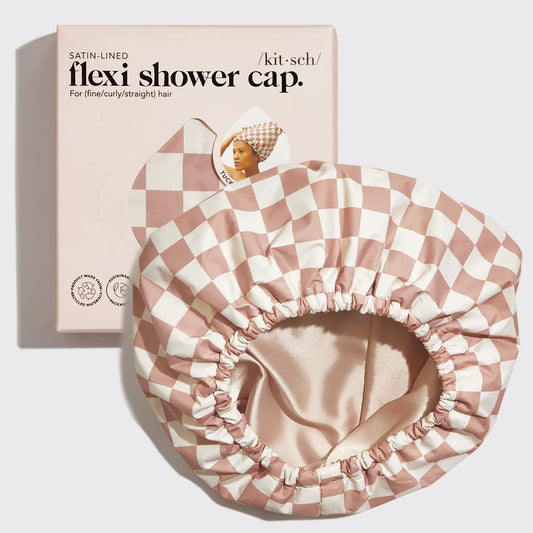 Satin Lined Flexi Shower Cap - Terracotta Checker KITSCH