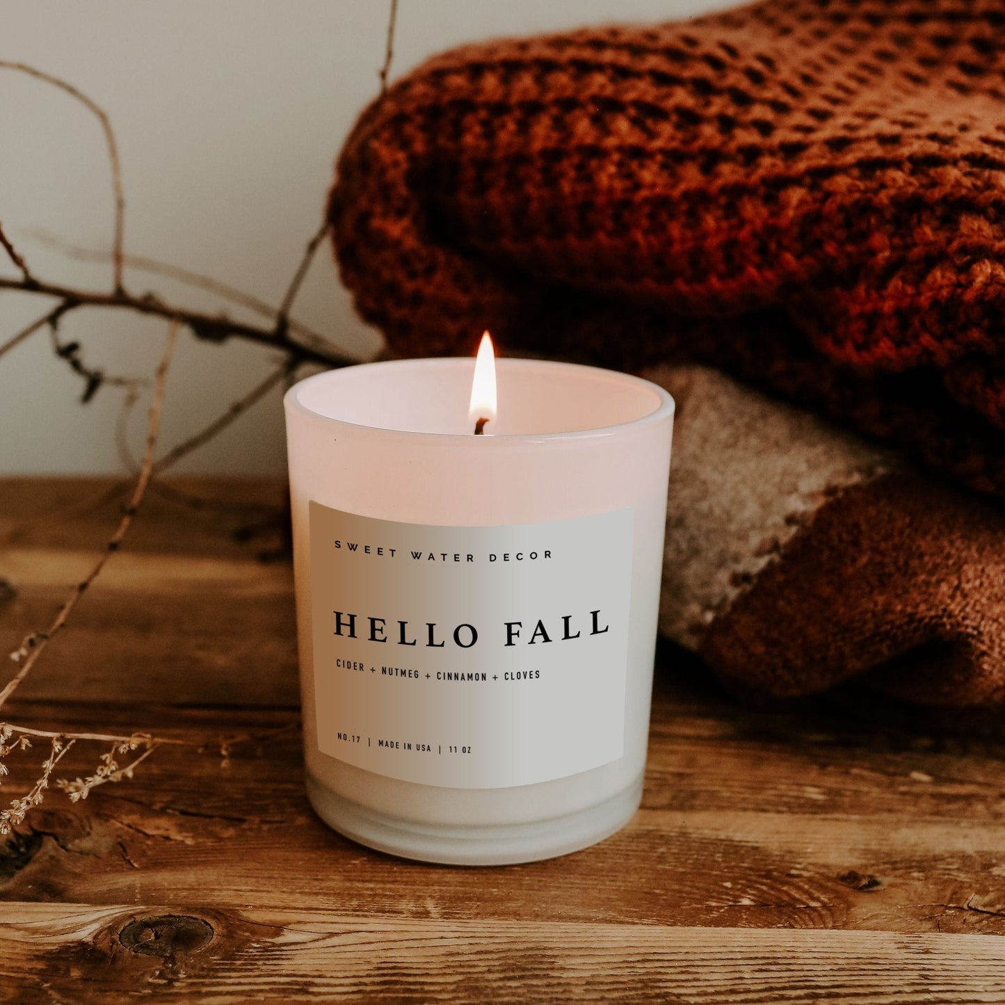 Hello Fall Soy Candle - White Jar - 11 oz Sweet Water Decor