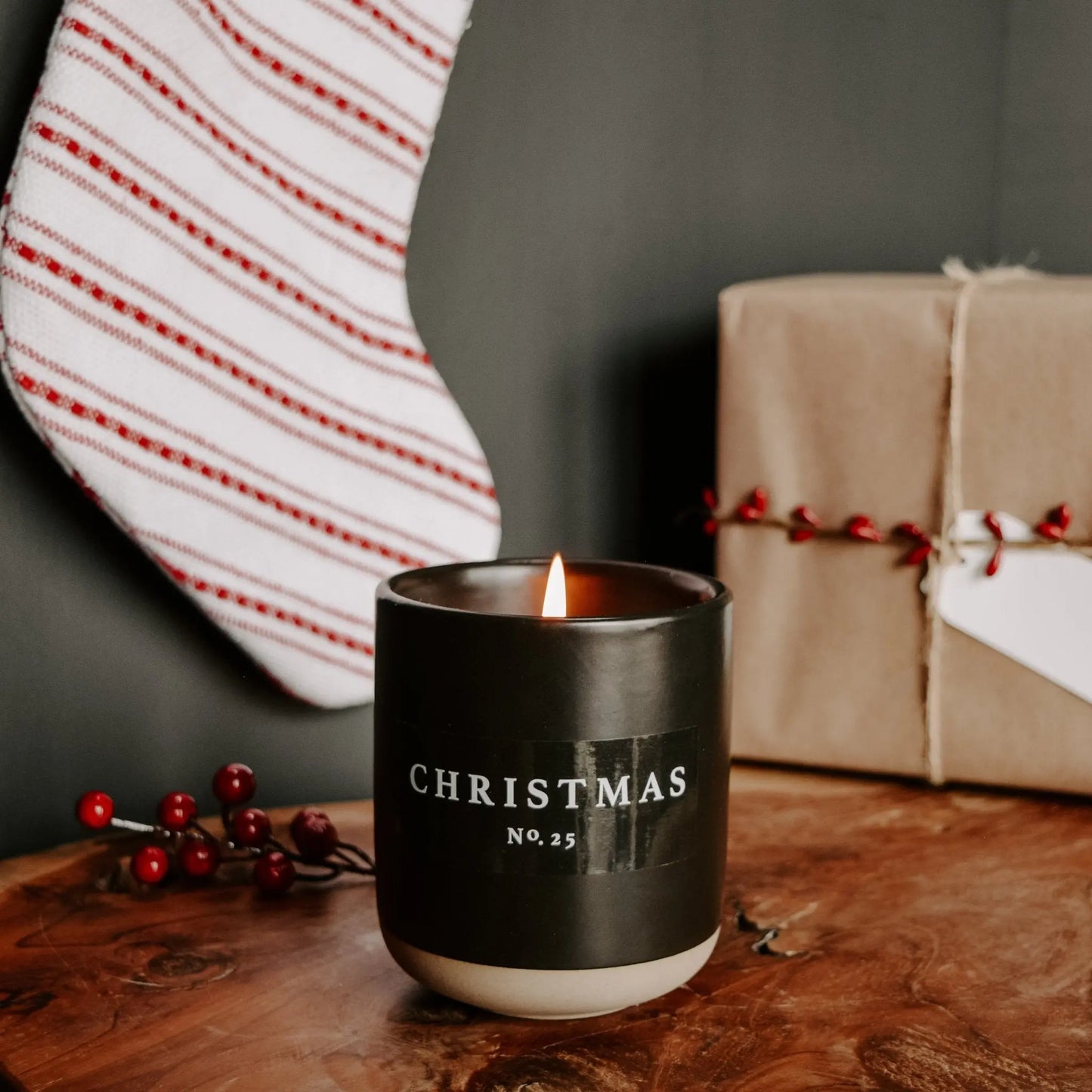 Christmas Soy Candle - Black Stoneware Jar - 12 oz Sweet Water Decor