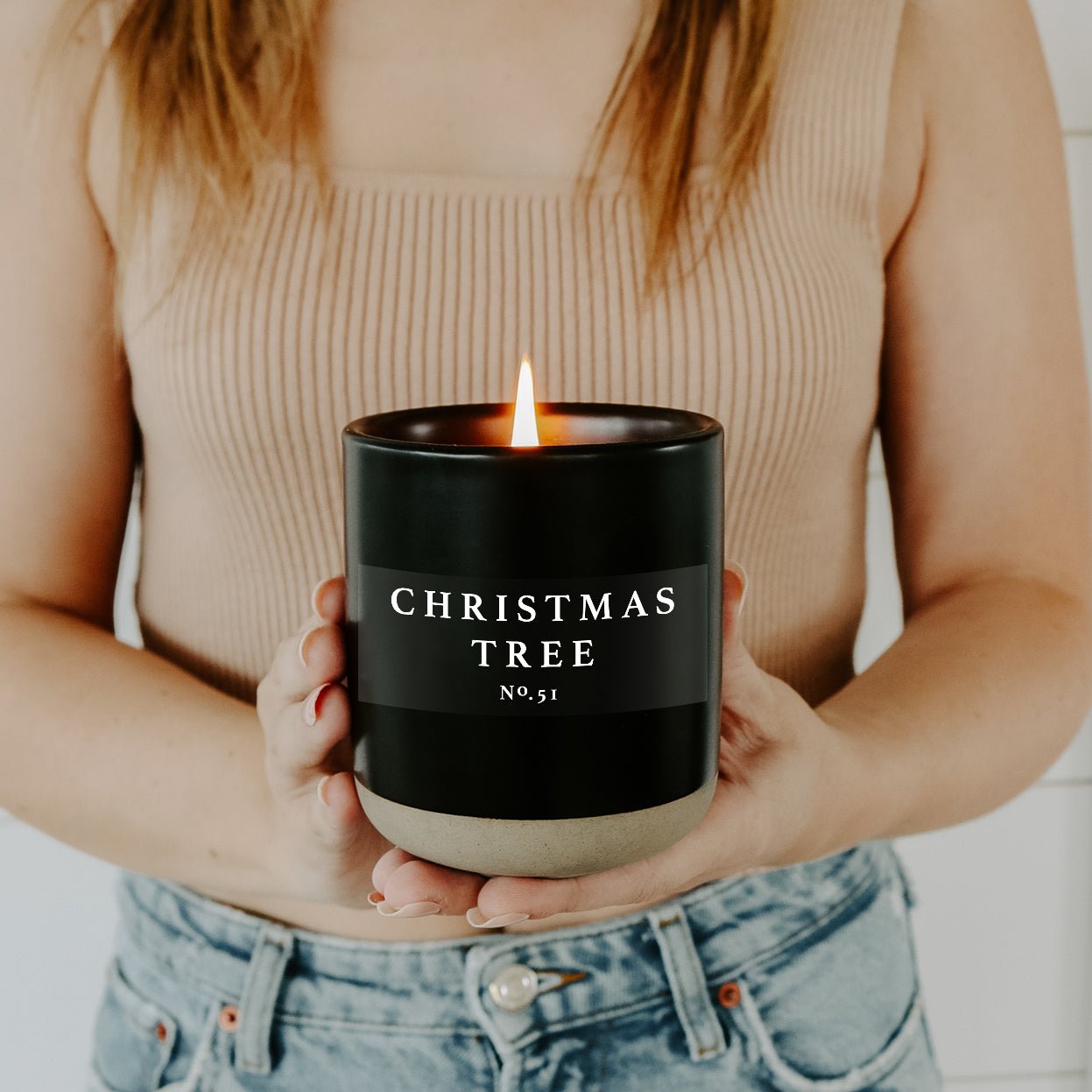 Christmas Tree Soy Candle - Black Stoneware Jar - 12 oz Sweet Water Decor