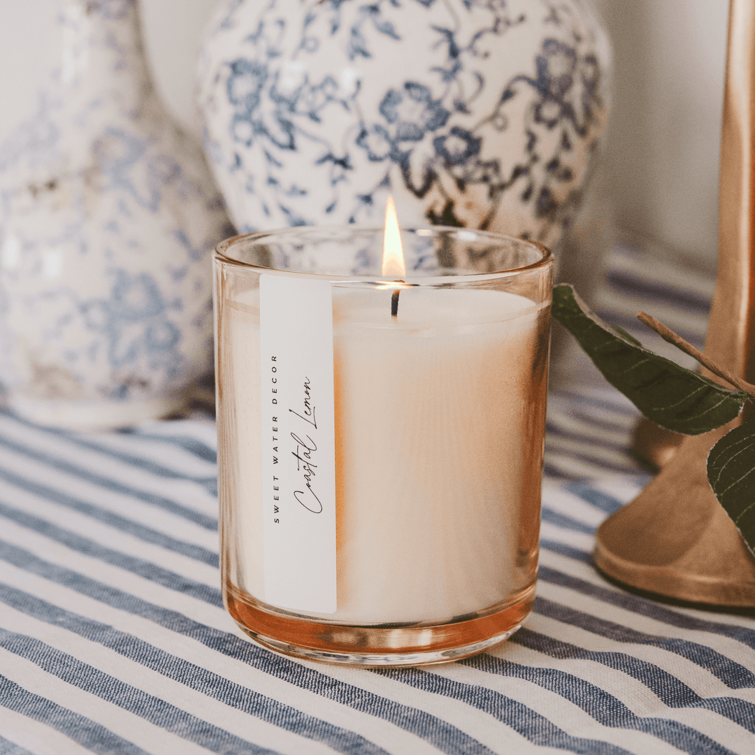 Coastal Lemon Soy Candle - Tinted Glass Jar - 12 oz Sweet Water Decor Cleanse Face & Body Bar