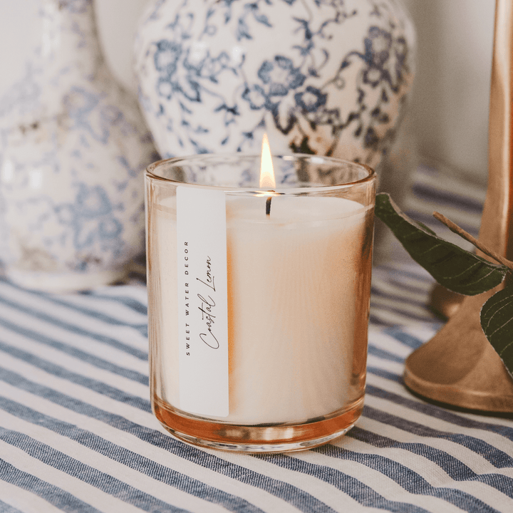 Coastal Lemon Soy Candle - Tinted Glass Jar - 12 oz Sweet Water Decor Cleanse Face & Body Bar