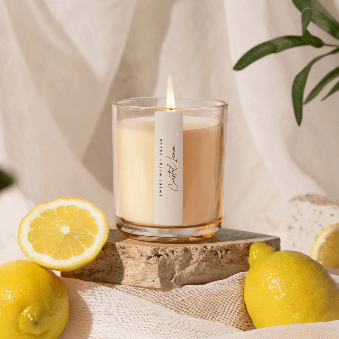 Coastal Lemon Soy Candle - Tinted Glass Jar - 12 oz Sweet Water Decor Cleanse Face & Body Bar
