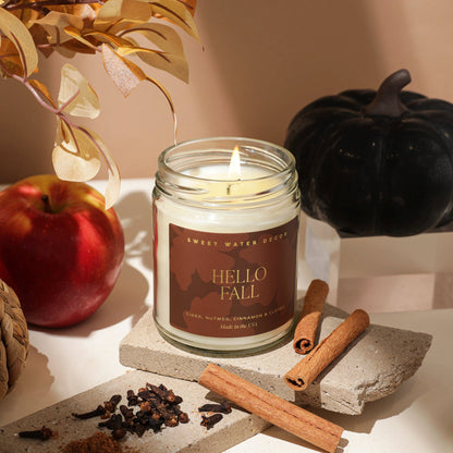 Hello Fall Soy Candle | 9oz. Clear Jar Sweet Water Decor