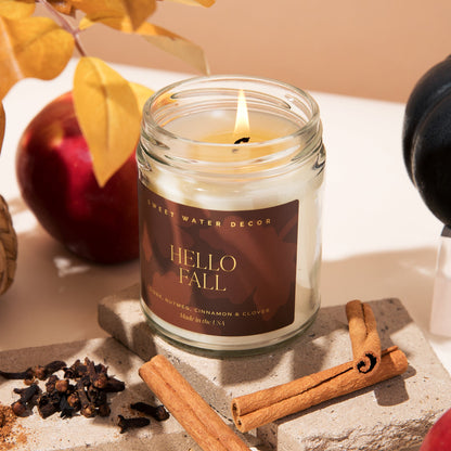 Hello Fall Soy Candle | 9oz. Clear Jar Sweet Water Decor