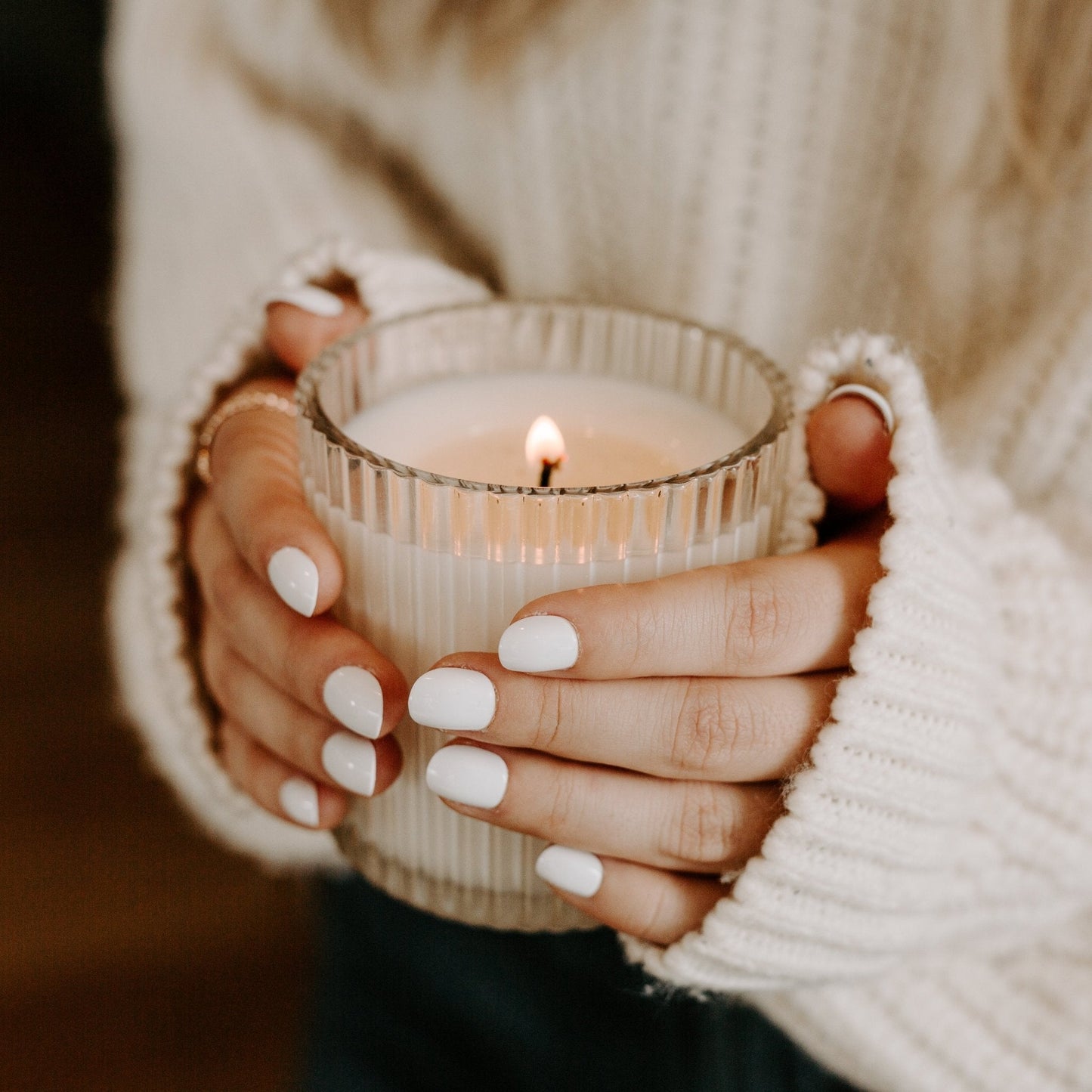 Cozy Season Fluted Soy Candle - Ribbed Glass Jar - 11 oz Sweet Water Decor