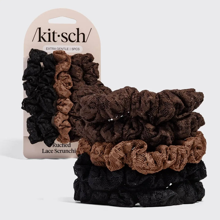 Ruched Lace Scrunchies 5pc Set - Black, Chocolate &amp; Mocha KITSCH Cleanse Face &amp; Body Bar