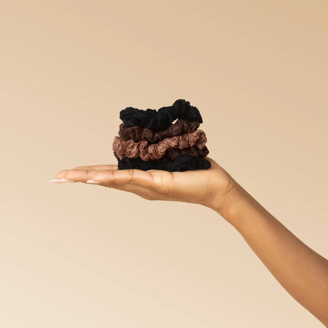 Ruched Lace Scrunchies 5pc Set - Black, Chocolate &amp; Mocha KITSCH Cleanse Face &amp; Body Bar