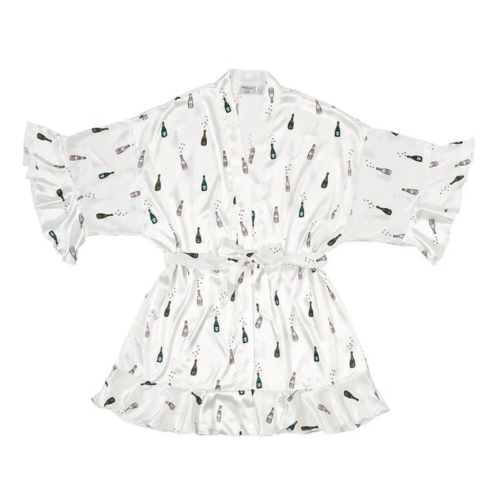 Ruffled Satin Robe - Champagne Bottles: 100% Polyester / Large Bella Sleep + Spa Cleanse Face &amp; Body Bar