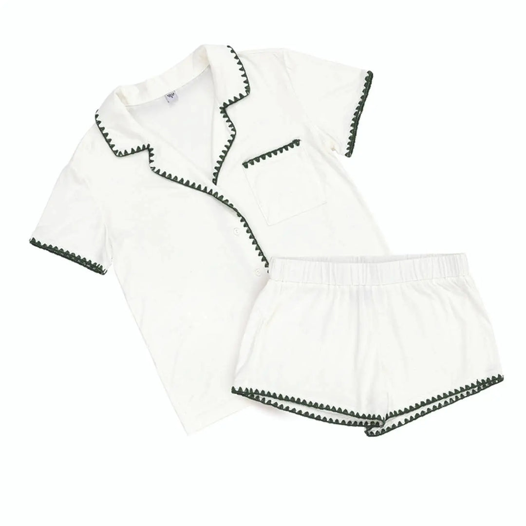 Short Bamboo PJ Set - White + Forest Green Whip Stitch: 93% Bamboo/ 7% Spandex / Large Bella Sleep + Spa Cleanse Face & Body Bar