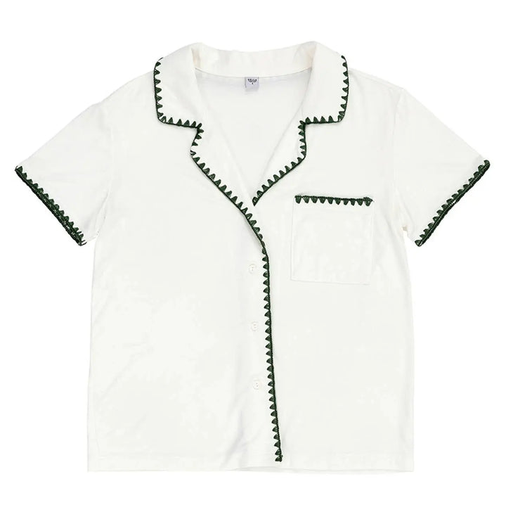 Short Bamboo PJ Set - White + Forest Green Whip Stitch: 93% Bamboo/ 7% Spandex / Medium Bella Sleep + Spa Cleanse Face &amp; Body Bar