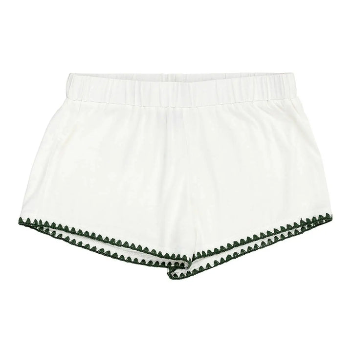 Short Bamboo PJ Set - White + Forest Green Whip Stitch: 93% Bamboo/ 7% Spandex / Small Bella Sleep + Spa Cleanse Face &amp; Body Bar