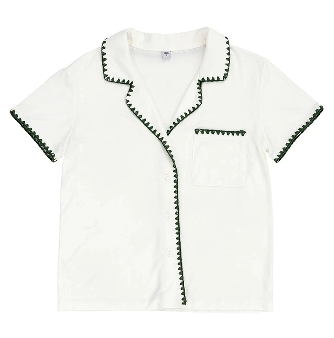 Short Bamboo PJ Set - White + Forest Green Whip Stitch: 93% Bamboo/ 7% Spandex / Small Bella Sleep + Spa Cleanse Face &amp; Body Bar