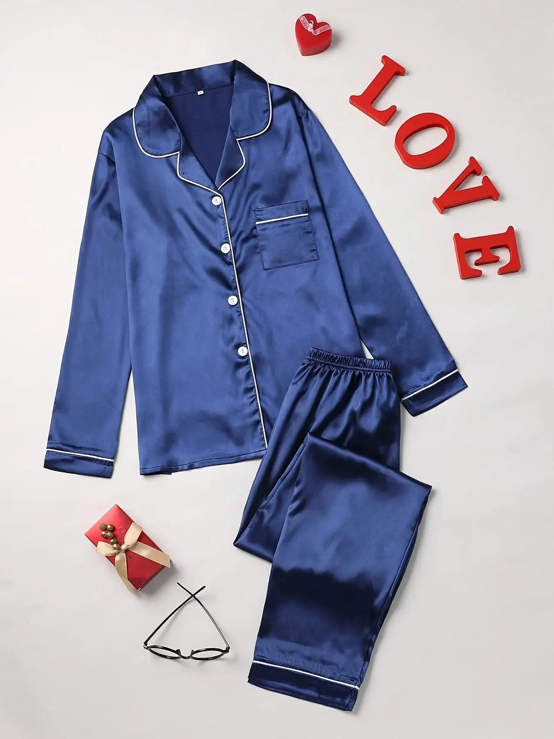 Solid Pajama Set Long Sleeve Button Up Lapel Top &amp; Pants Pj Set Women&