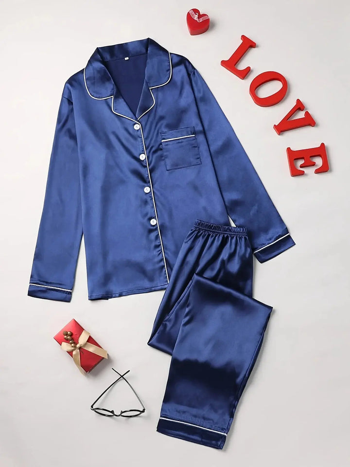 Solid Pajama Set Long Sleeve Button Up Lapel Top &amp; Pants Pj Set Women&