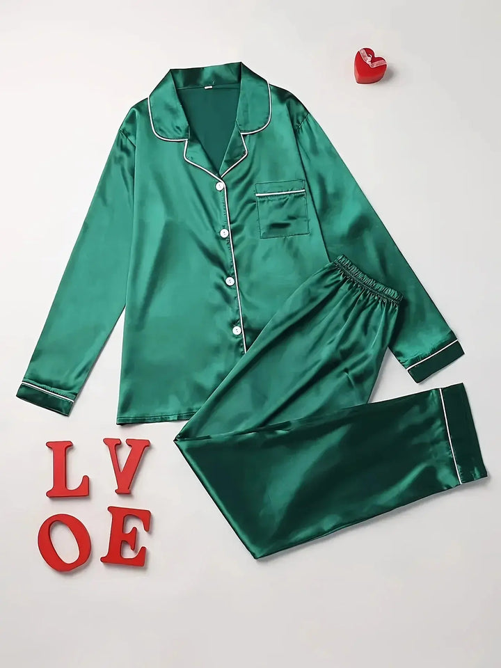 Solid Pajama Set Long Sleeve Button Up Lapel Top &amp; Pants Pj Set Women&