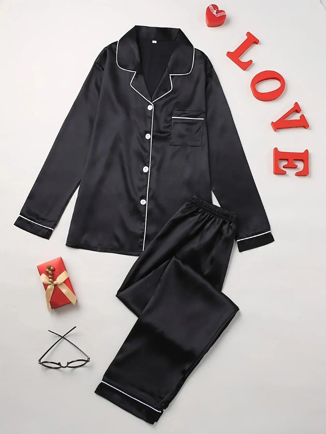 Solid Pajama Set Long Sleeve Button Up Lapel Top &amp; Pants Pj Set Women&
