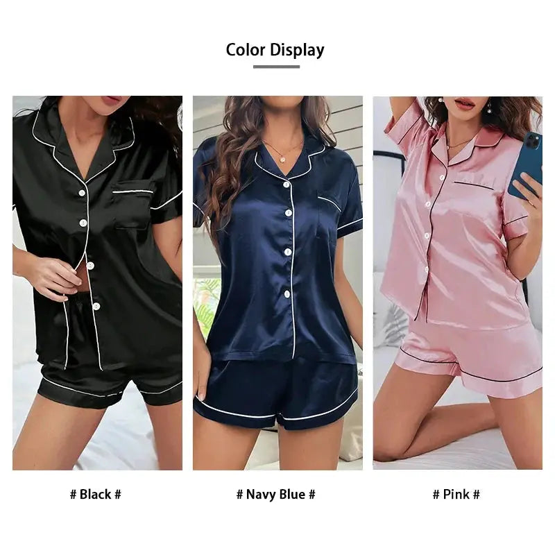 Summer Silk Satin Women Pajamas Set Button Down Top &amp; Shorts 2 Pieces Sleepwear Notched Collar Nightwear Loungewear for Women CurvyCandy Cleanse Face &amp; Body Bar