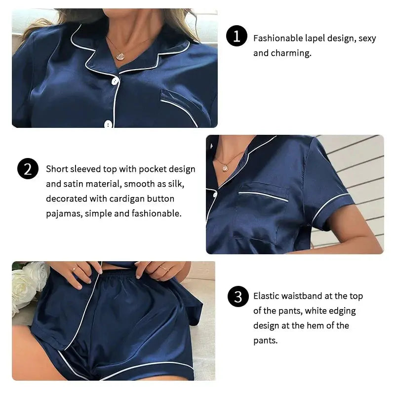 Summer Silk Satin Women Pajamas Set Button Down Top &amp; Shorts 2 Pieces Sleepwear Notched Collar Nightwear Loungewear for Women CurvyCandy Cleanse Face &amp; Body Bar